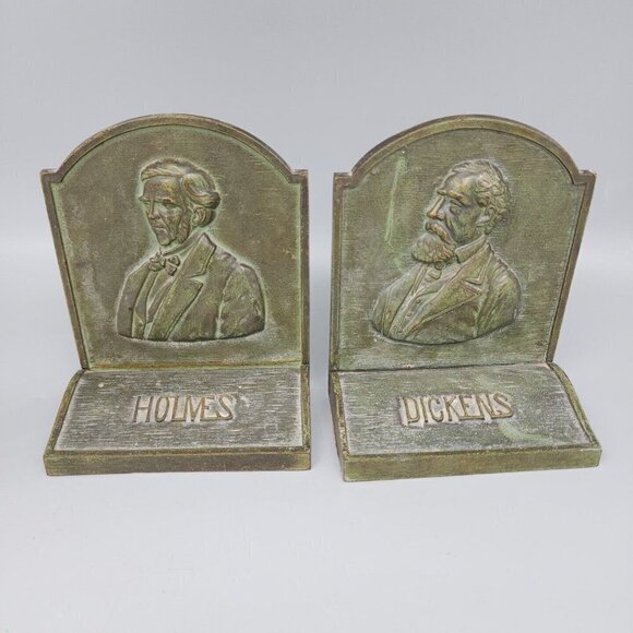 Vintage Pair 6" Tall Heavy Bronze Classic Literature Dickens & Whittier Bookends - Picture 1 of 7